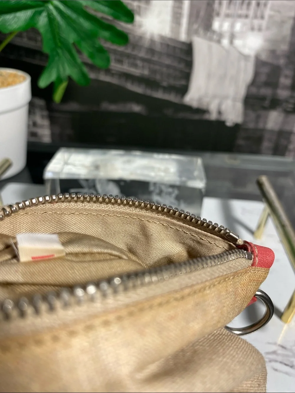 Authentic Miu Miu Beige Linen Pouch with Coral Trim